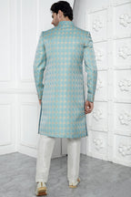 Blue Jacquard Silk Indowestern Suit Long Kurta with Jacket & Pant for Men for Wedding - Jacquard Work