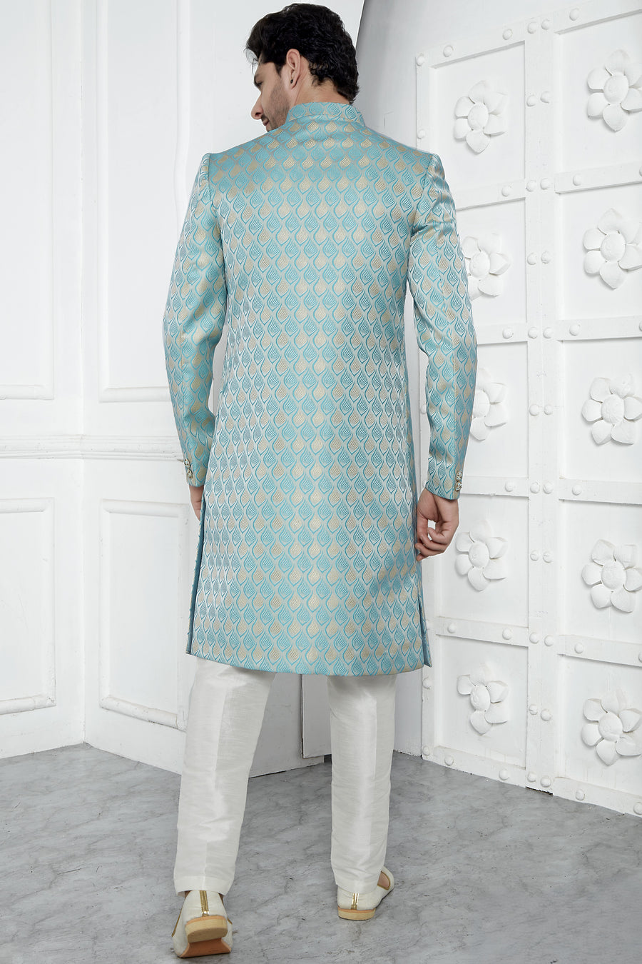 Blue Jacquard Silk Indowestern Suit Long Kurta with Jacket & Pant for Men for Wedding - Jacquard Work
