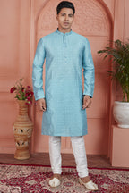 Blue Jacquard Silk Plain Straight Kurta Pajama for Men for Festival & Wedding