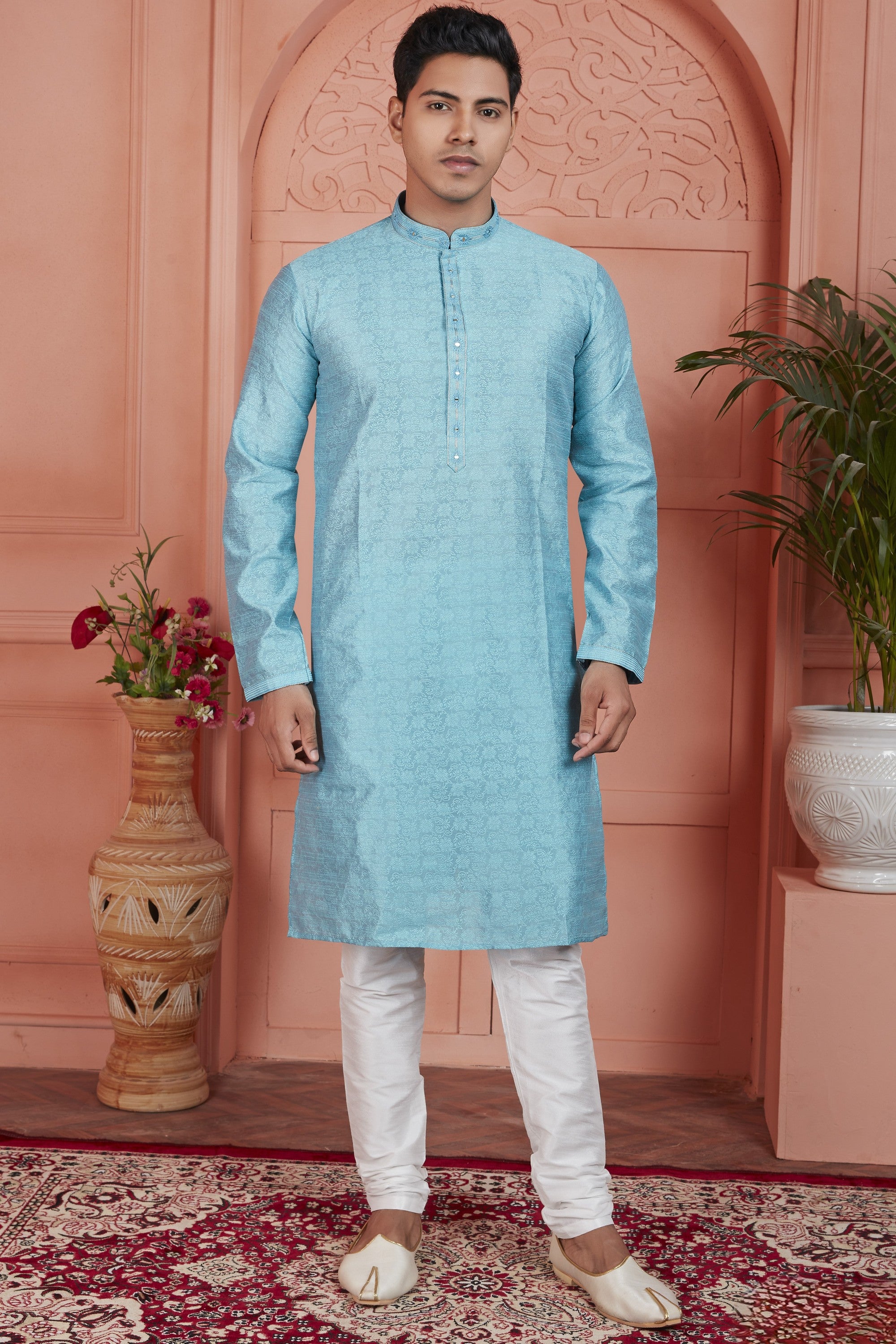 Blue Jacquard Silk Plain Straight Kurta Pajama for Men for Festival & Wedding