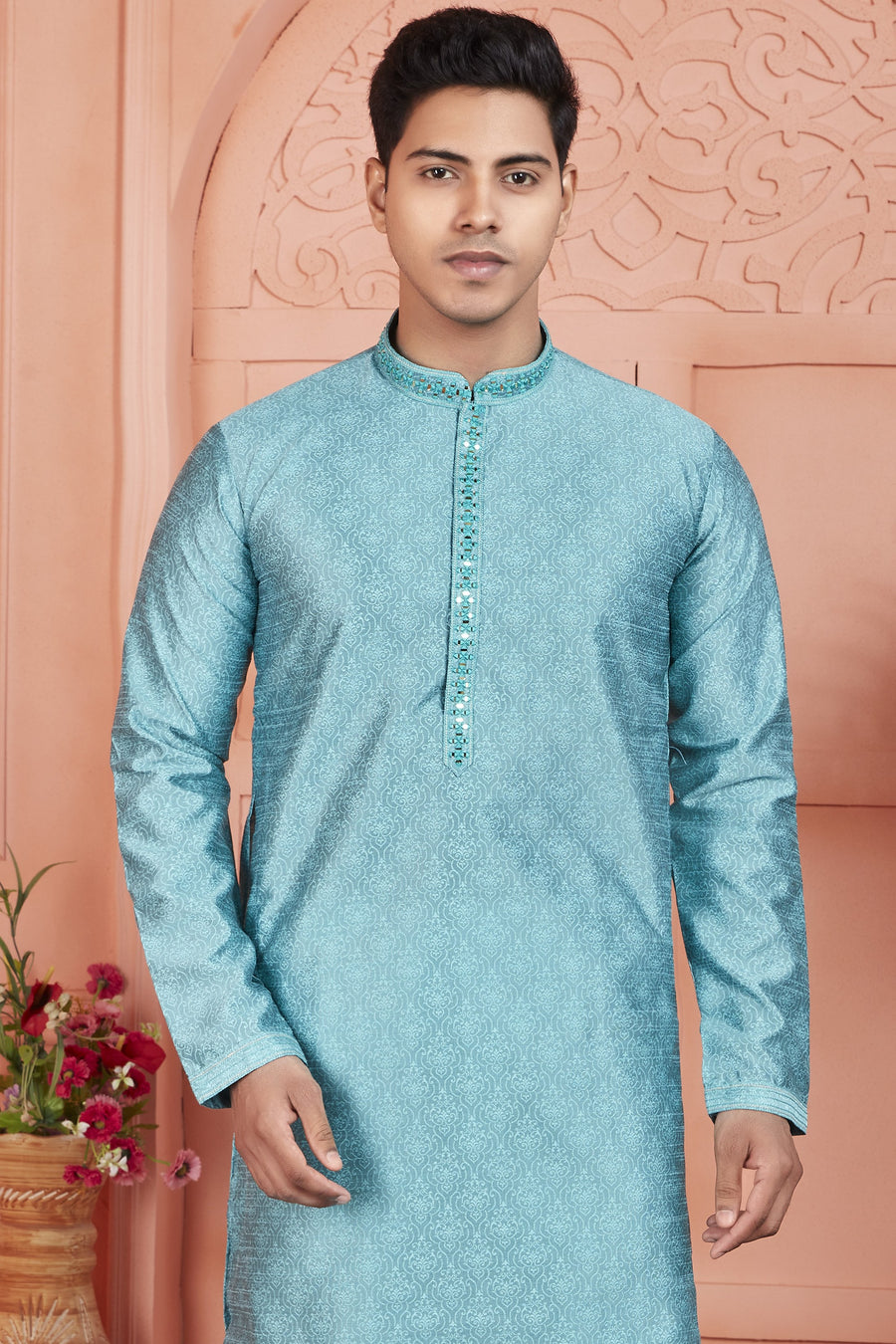 Blue Jacquard Silk Plain Straight Kurta Pajama for Men for Festival & Wedding