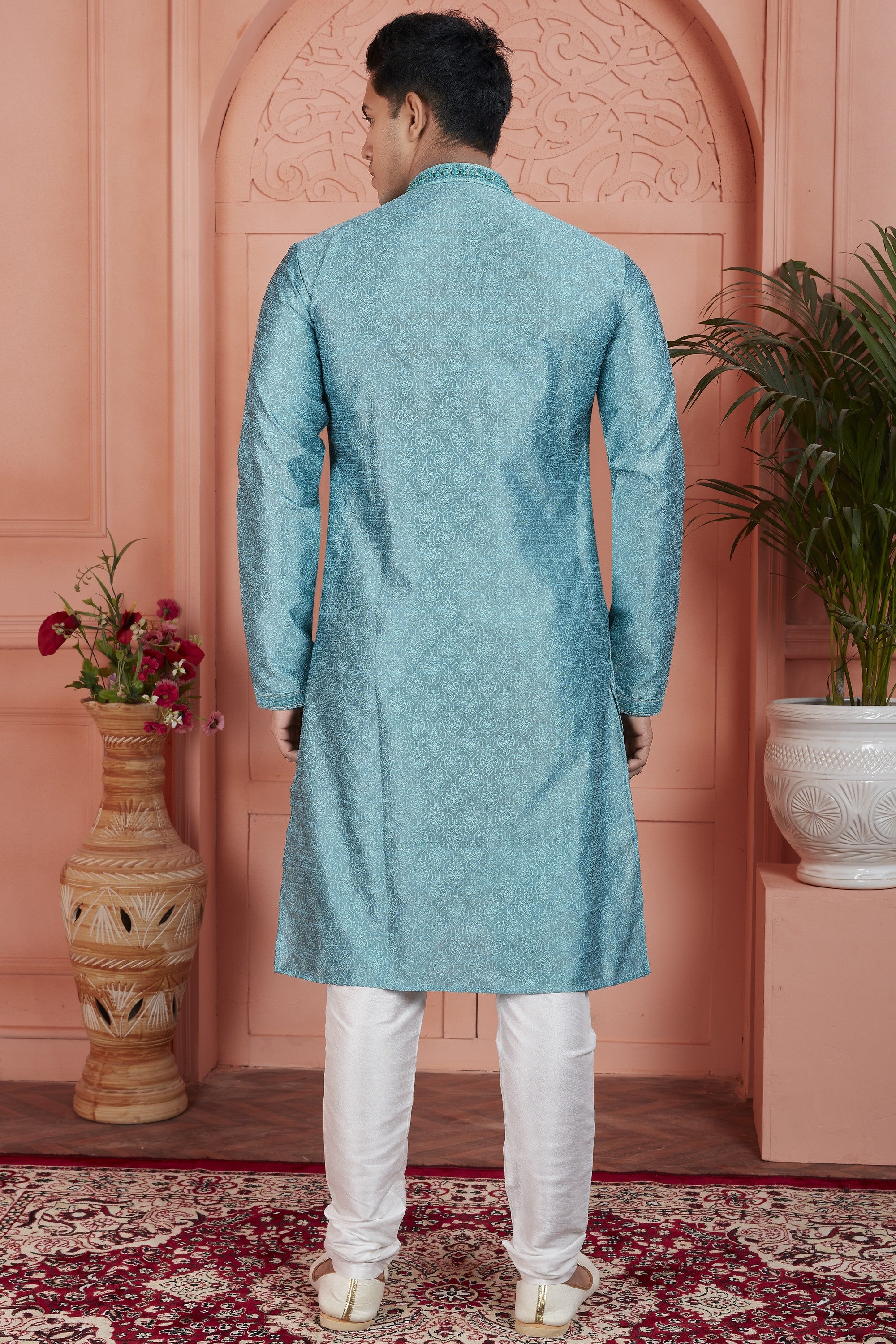 Blue Jacquard Silk Plain Straight Kurta Pajama for Men for Festival & Wedding