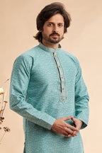 Blue Jacquard Silk Plain Straight Kurta Pajama for Men for Festival & Weddings - Embroidery Work