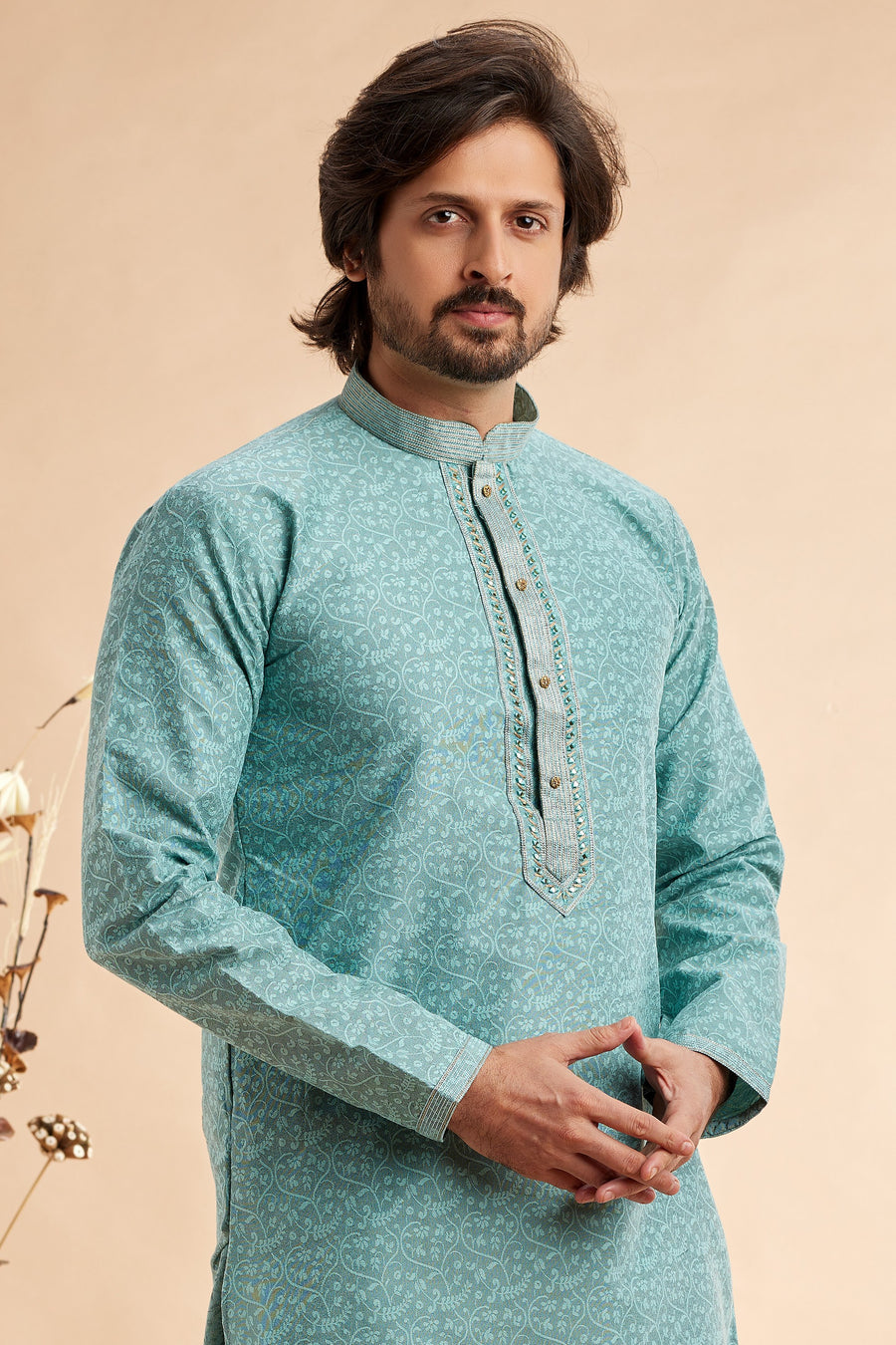 Blue Jacquard Silk Plain Straight Kurta Pajama for Men for Festival & Weddings - Embroidery Work