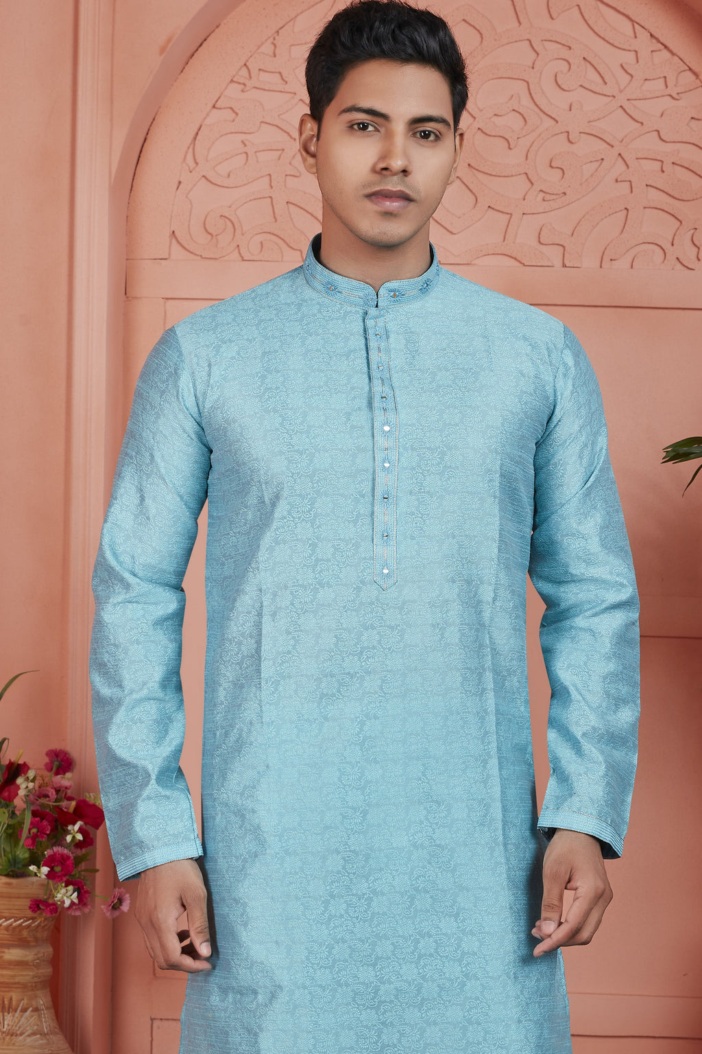 Blue Jacquard Silk Plain Straight Kurta Pajama for Men for Festival & Wedding