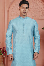 Blue Jacquard Silk Plain Straight Kurta Pajama for Men for Festival & Wedding
