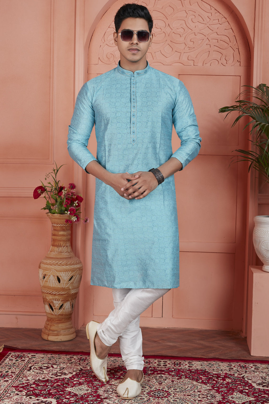 Blue Jacquard Silk Plain Straight Kurta Pajama for Men for Festival & Wedding