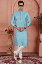 Blue Jacquard Silk Plain Straight Kurta Pajama for Men for Festival & Wedding