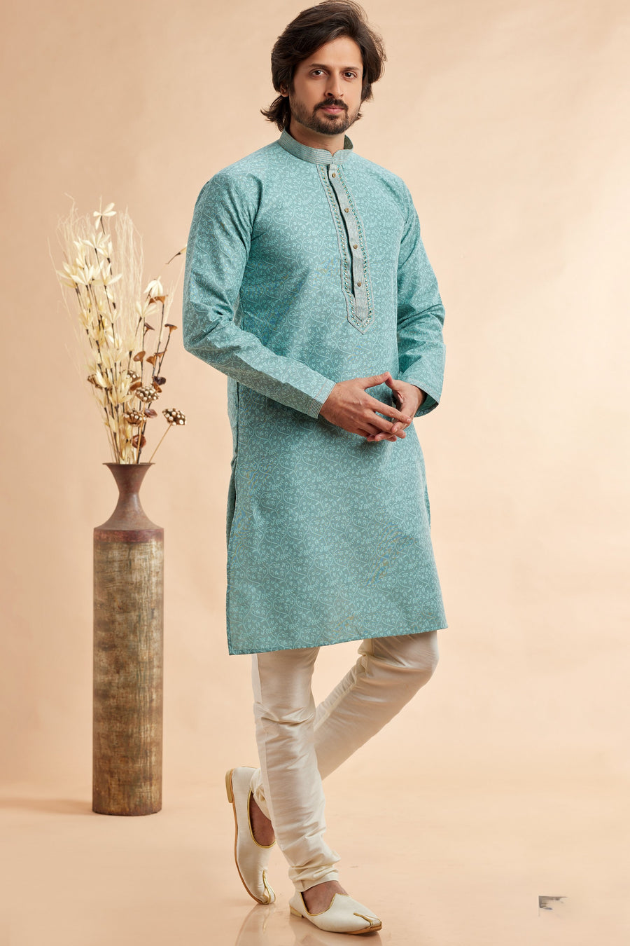Blue Jacquard Silk Plain Straight Kurta Pajama for Men for Festival & Weddings - Embroidery Work