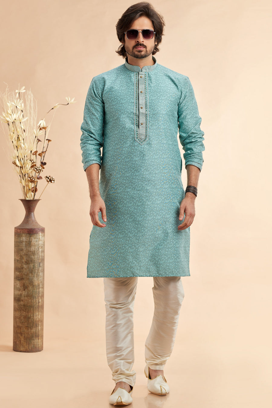 Blue Jacquard Silk Plain Straight Kurta Pajama for Men for Festival & Weddings - Embroidery Work