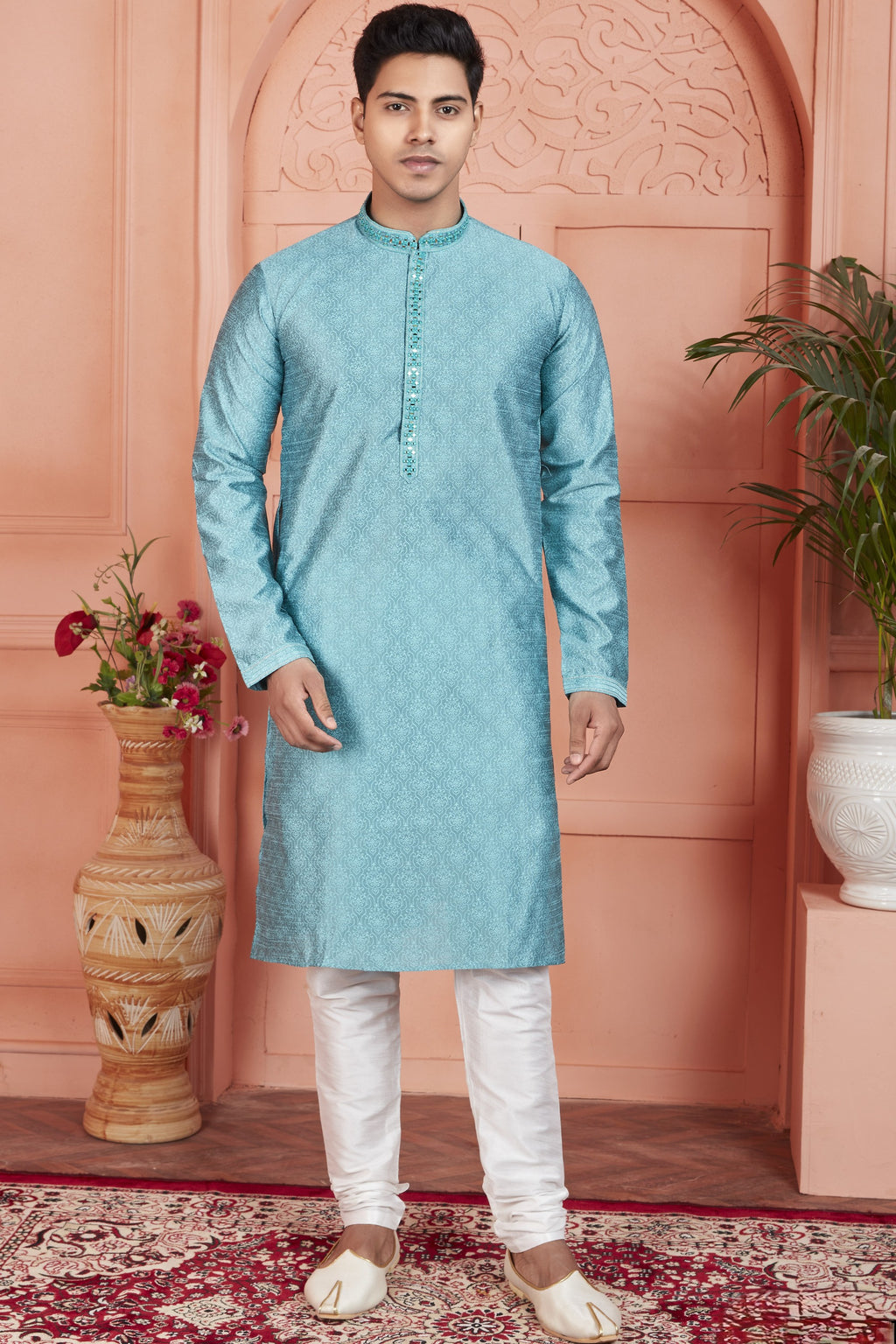 Blue Jacquard Silk Plain Straight Kurta Pajama for Men for Festival & Wedding