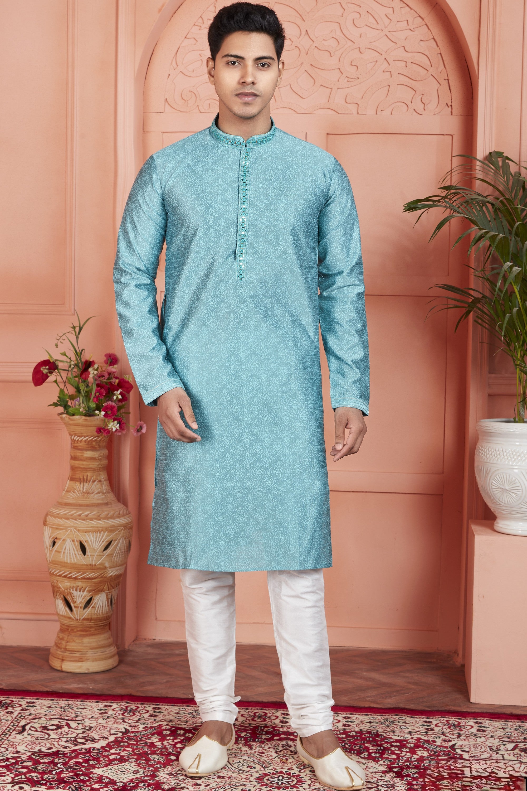 Blue Jacquard Silk Plain Straight Kurta Pajama for Men for Festival & Wedding