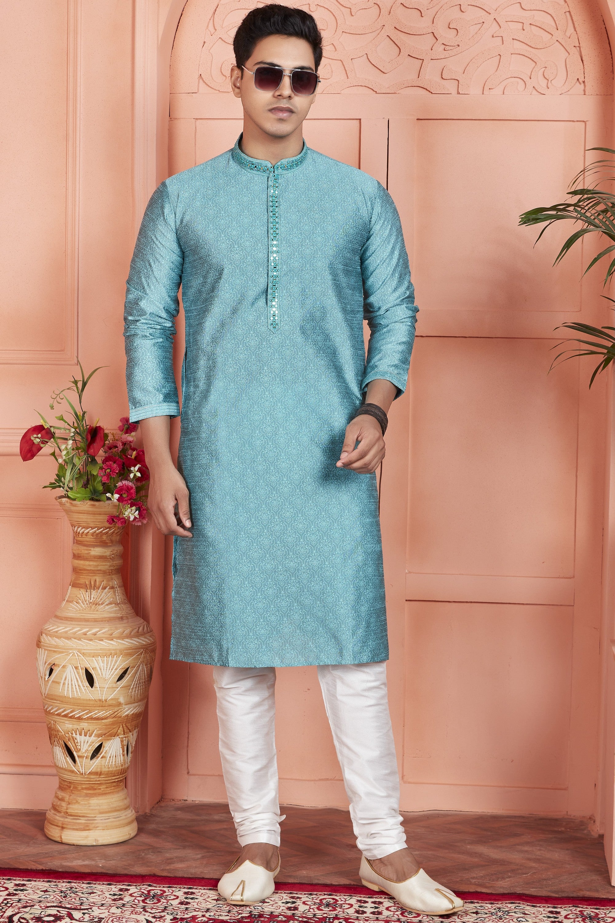 Blue Jacquard Silk Plain Straight Kurta Pajama for Men for Festival & Wedding