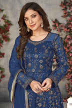 Blue Net Anarkali Dress for Women with Thread and Sequins Work