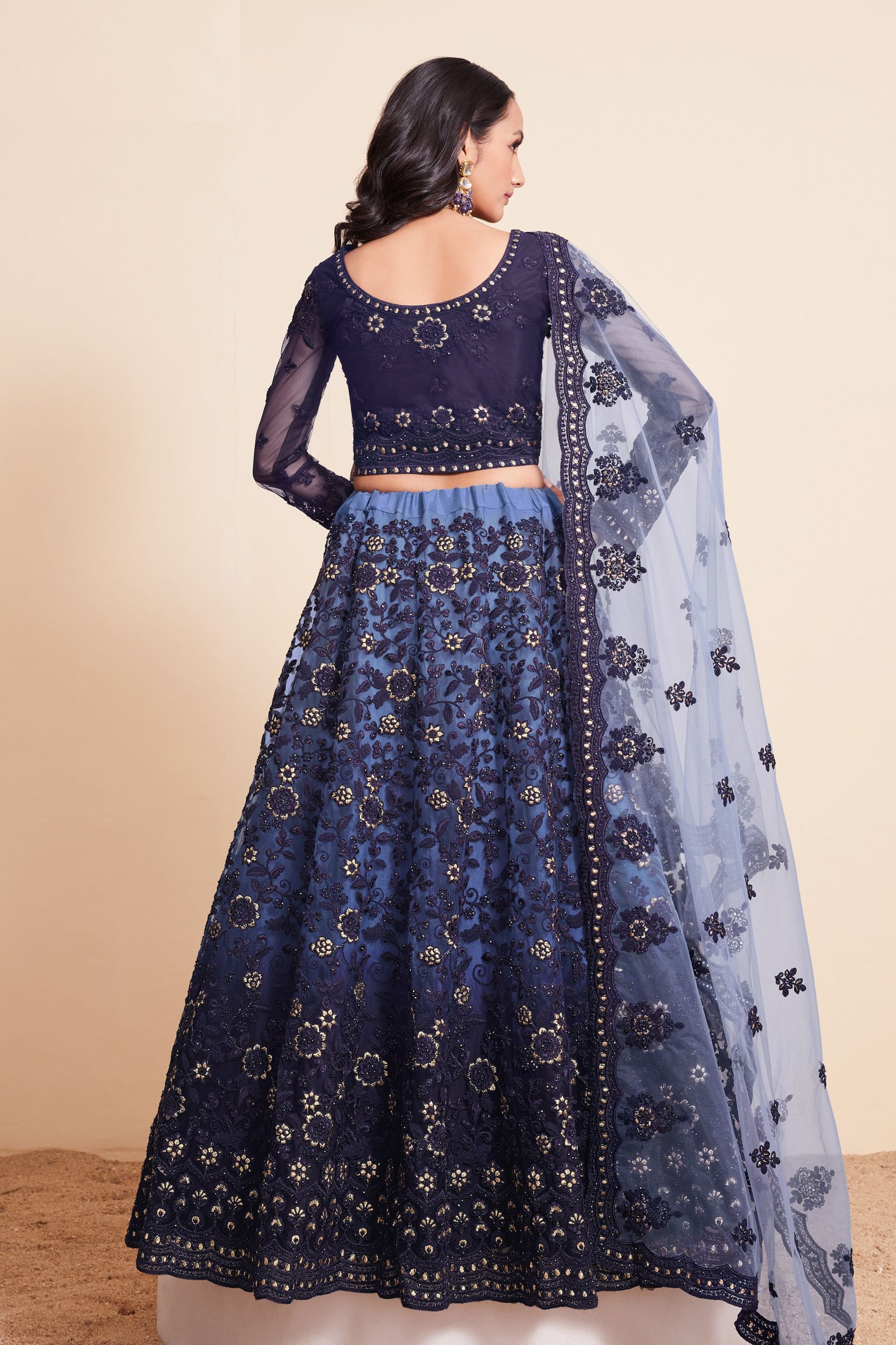 Blue Net Embroidered Floral Lehenga Choli For Indian Festivals & Weddings - Thread Embroidery Work, Badla Work, Butta Work, Cut Work, Stone Embellishment Work