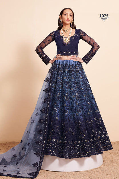 Blue Net Embroidered Floral Lehenga Choli For Indian Festivals & Weddings - Thread Embroidery Work, Badla Work, Butta Work, Cut Work, Stone Embellishment Work