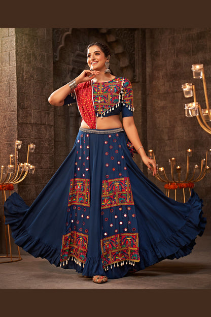 Blue Rayon Chaniya Choli For Navratri Garba Festival 6 Meter Flair - Thread Embroidery Work, Mirror Work, Print Work