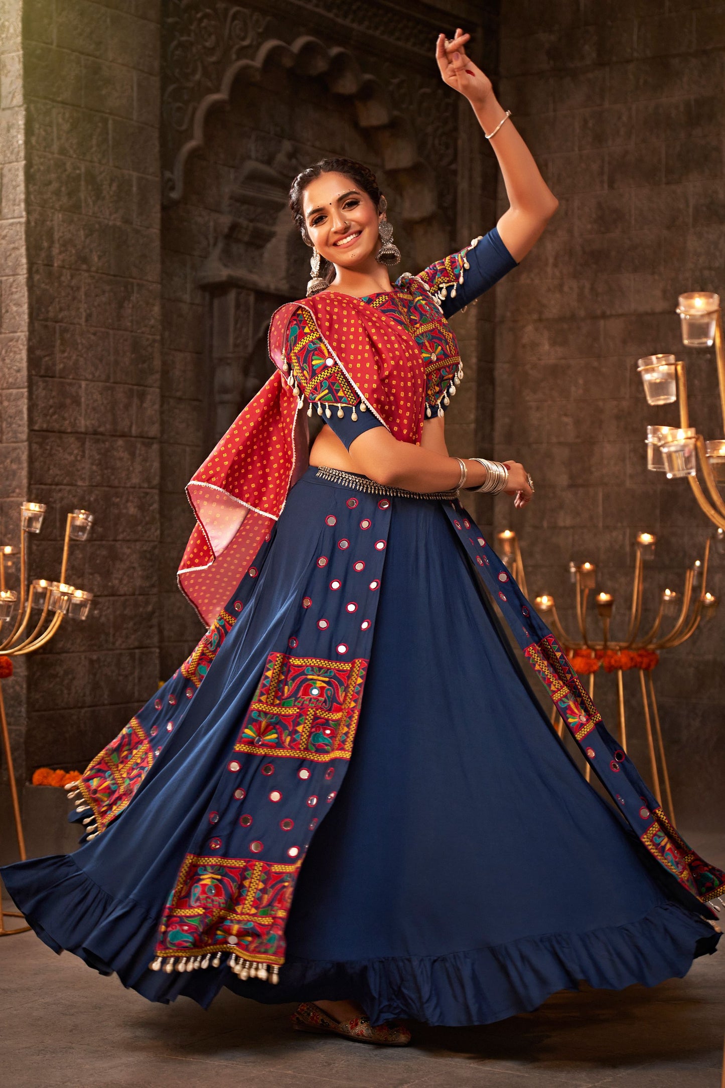 Blue Rayon Chaniya Choli For Navratri Garba Festival 6 Meter Flair - Thread Embroidery Work, Mirror Work, Print Work