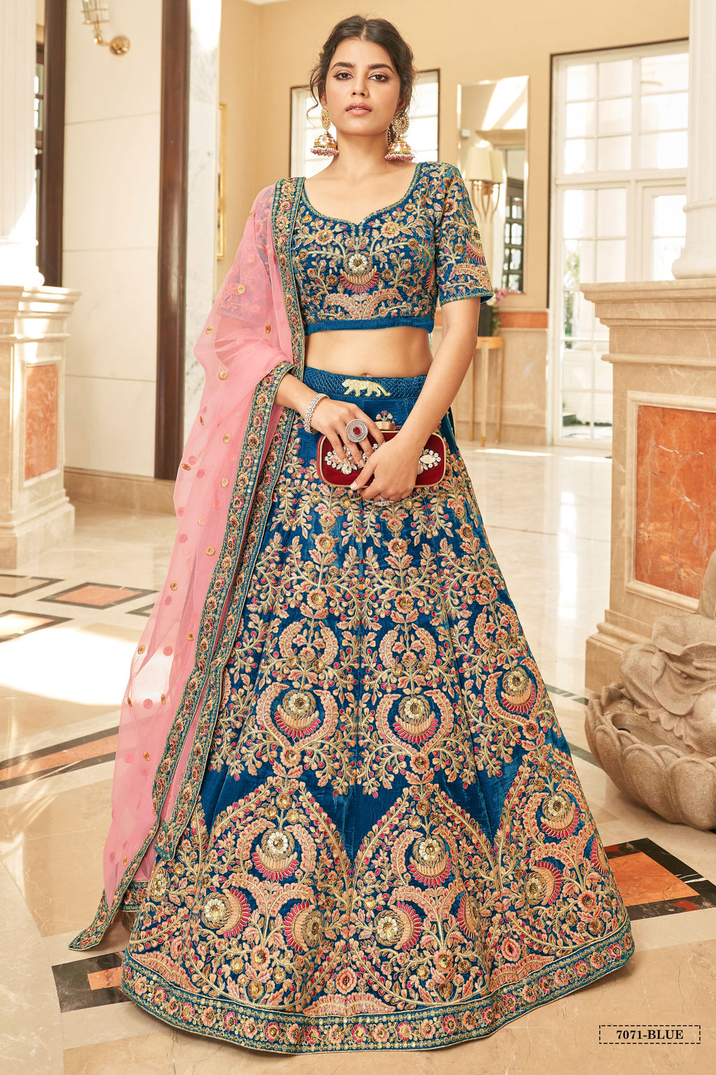 Blue Velvet Lehenga Choli with Pink Dupatta in Dori and Zari Work