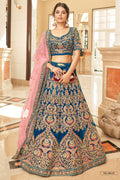 Blue Velvet Lehenga Choli with Pink Dupatta in Dori and Zari Work
