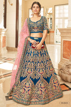 Blue Velvet Lehenga Choli with Pink Dupatta in Dori and Zari Work