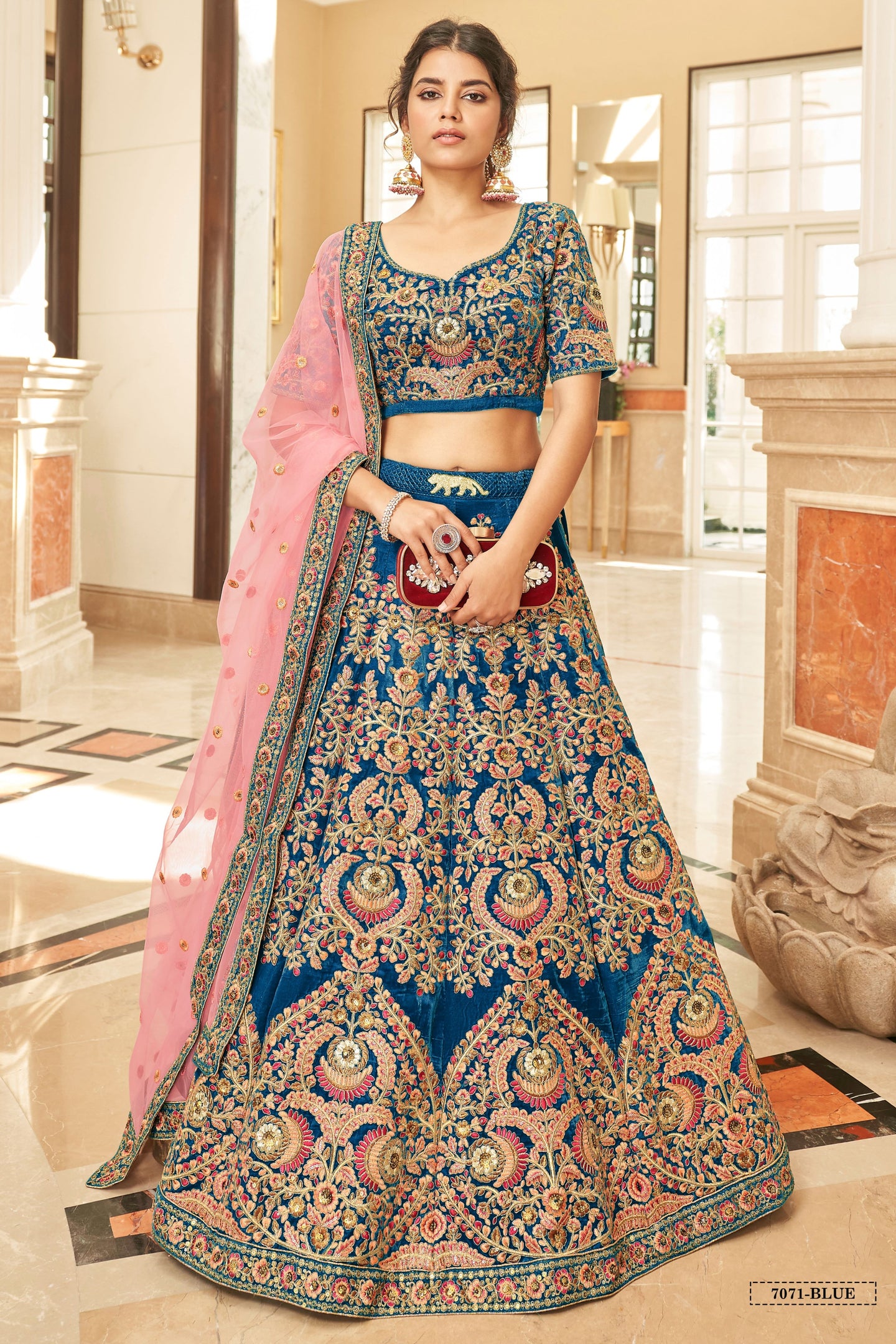 Blue Velvet Lehenga Choli with Pink Dupatta in Dori and Zari Work