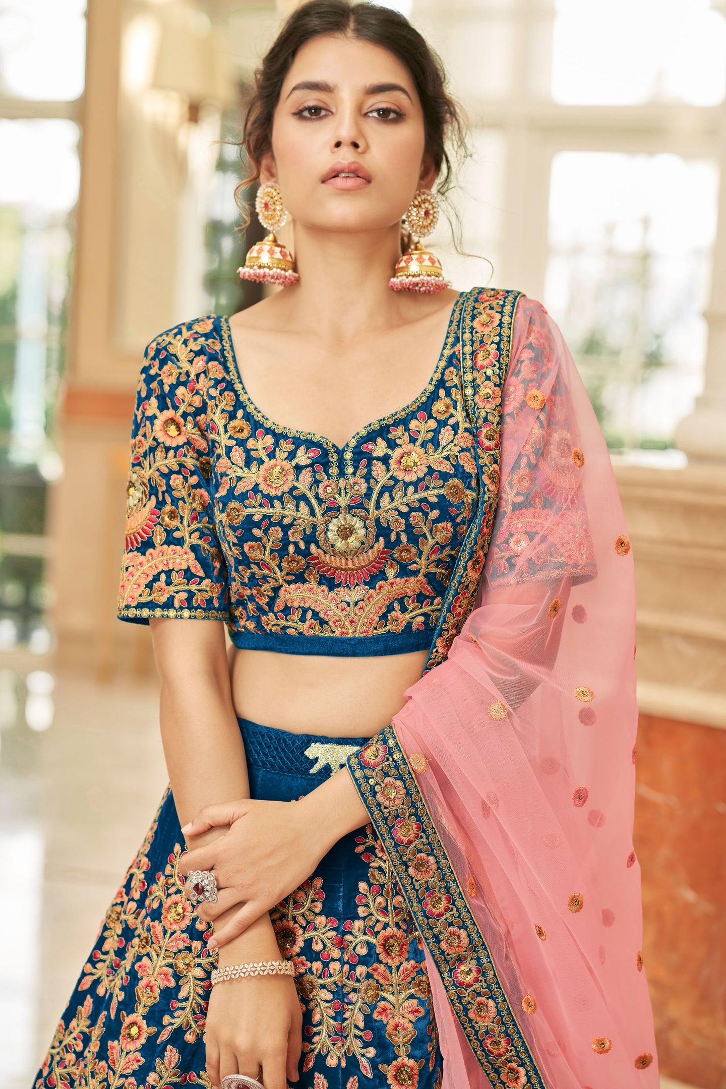 Blue Velvet Lehenga Choli with Dori and Zari Work
