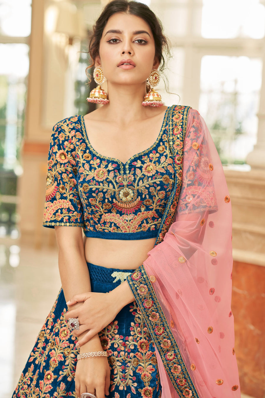 Blue Velvet Lehenga Choli with Dori and Zari Work