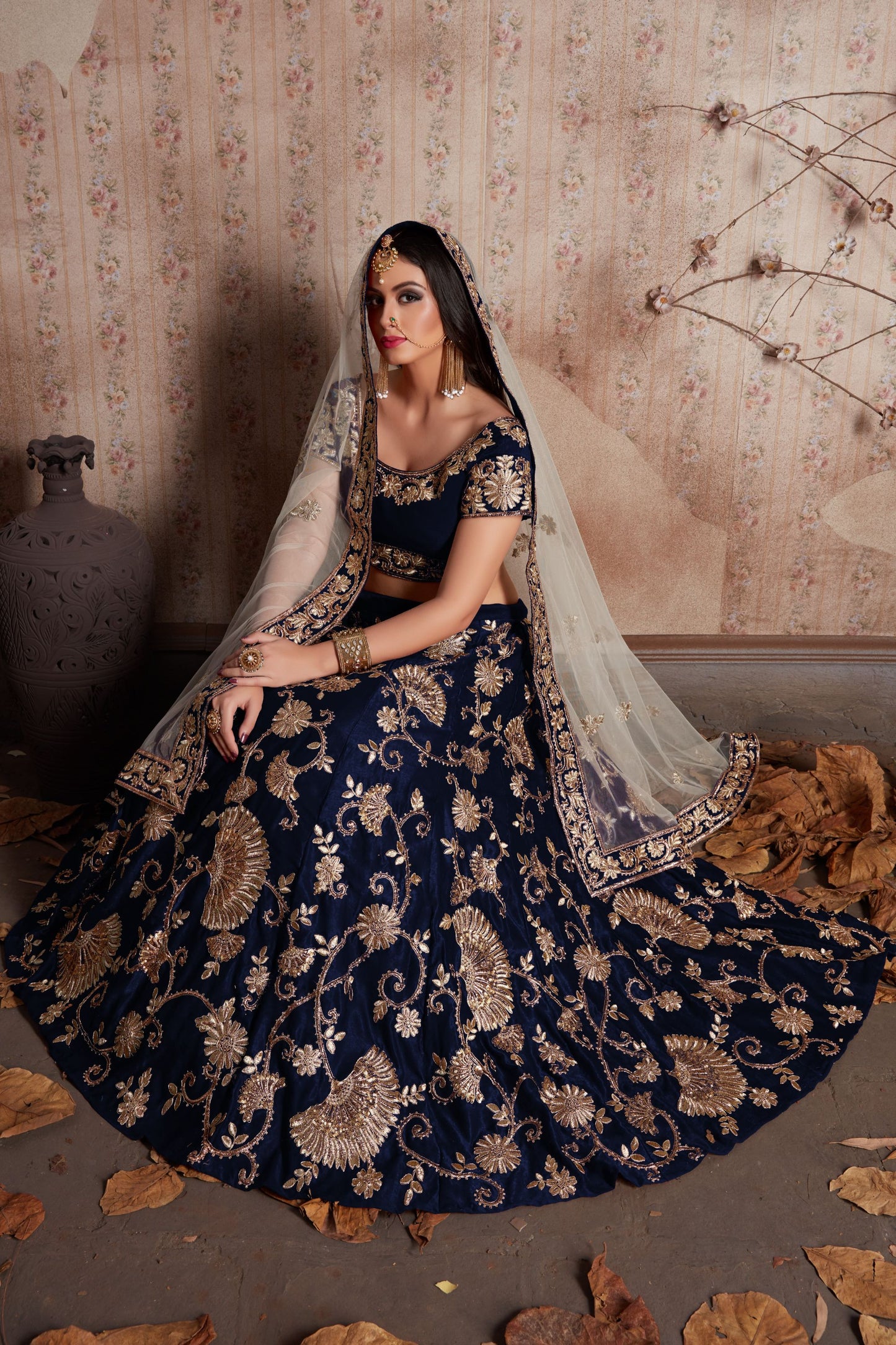 Blue Velvet Silk Lehenga Choli For Indian Festival & Weddings - Sequence Embroidery Work, Lace Work, Zari Work