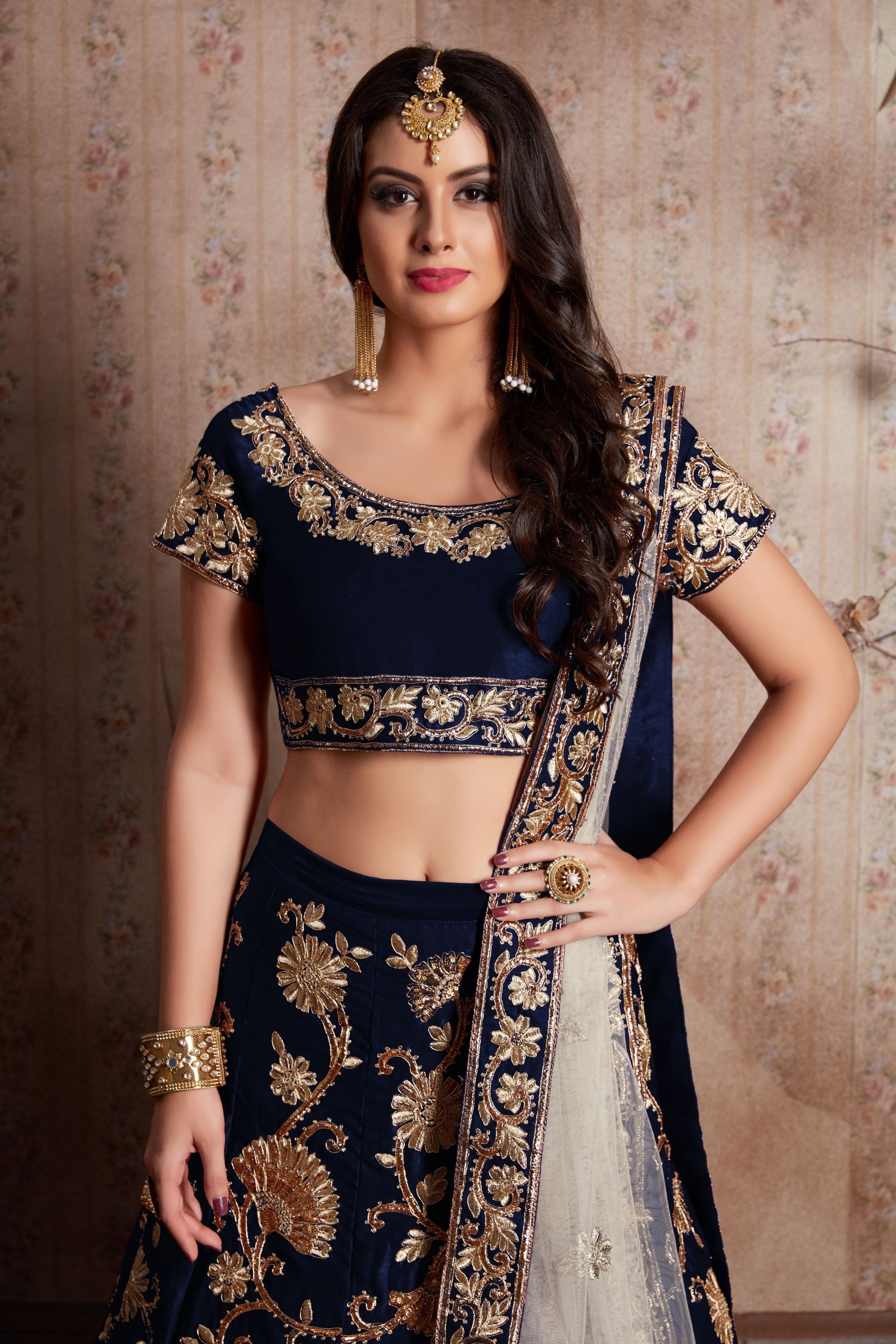 Blue Velvet Silk Lehenga Choli For Indian Festival & Weddings - Sequence Embroidery Work, Lace Work, Zari Work