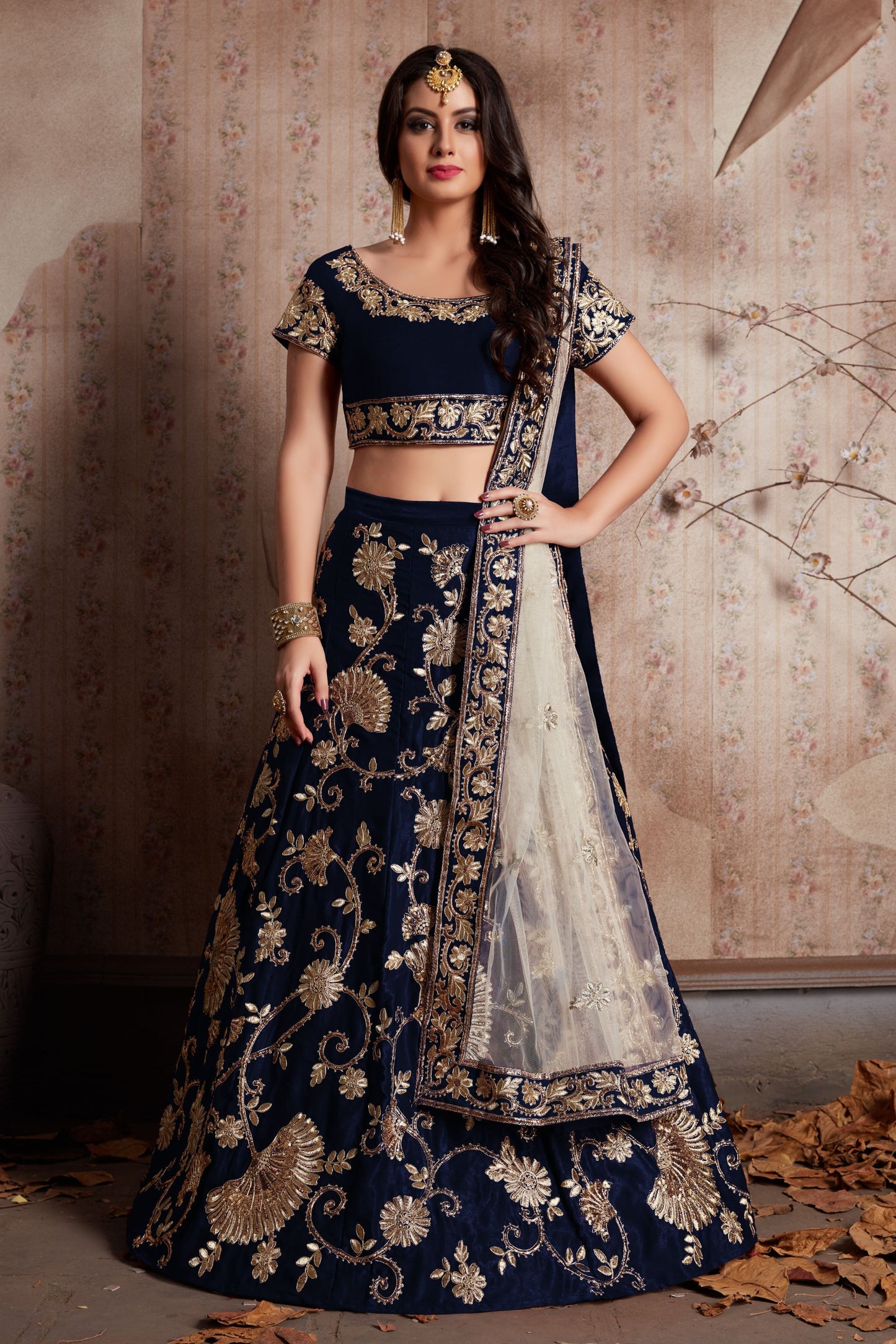 Blue Velvet Silk Lehenga Choli For Indian Festival & Weddings - Sequence Embroidery Work, Lace Work, Zari Work