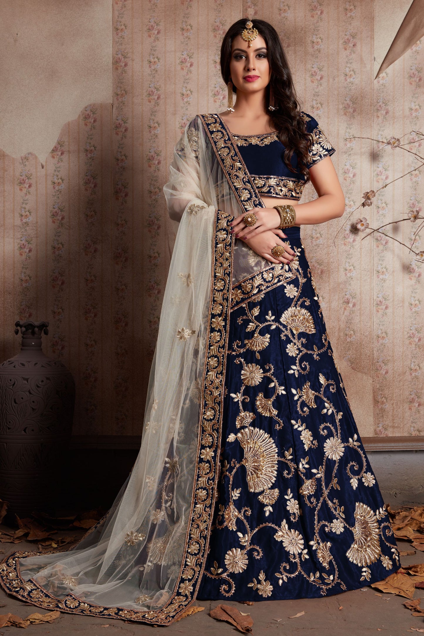 Blue Velvet Silk Lehenga Choli For Indian Festival & Weddings - Sequence Embroidery Work, Lace Work, Zari Work