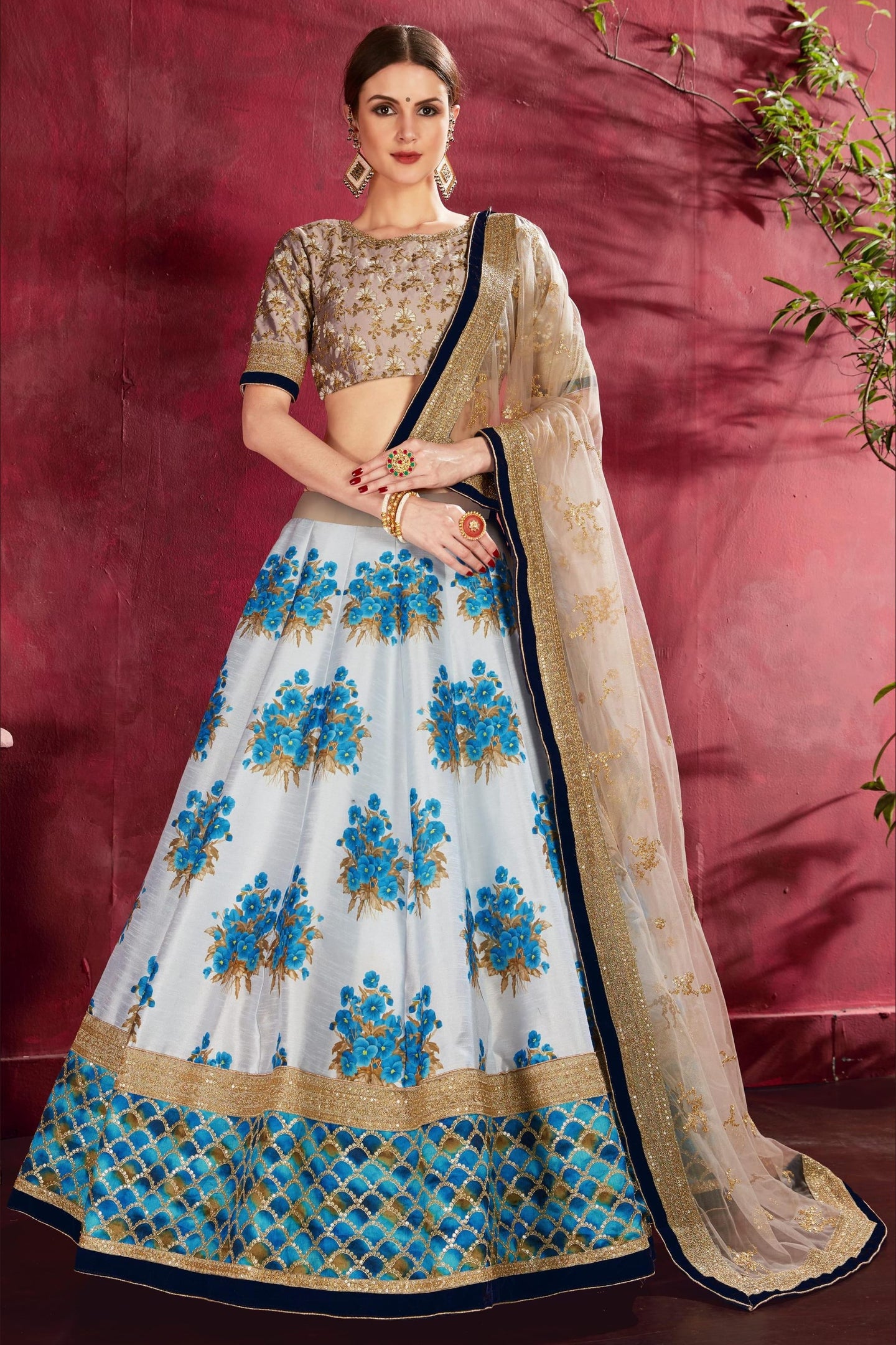 Blue Banglori Silk Flower Lehenga Choli For Indian & Pakistani Wedding Festival - Sequins & Thread Embroidery Work, Dori Work, Zari Work, Print Work