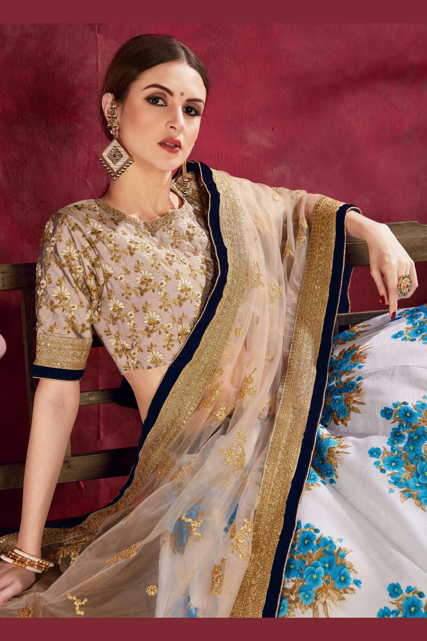Blue Banglori Silk Flower Lehenga Choli For Indian & Pakistani Wedding Festival - Sequins & Thread Embroidery Work, Dori Work, Zari Work, Print Work