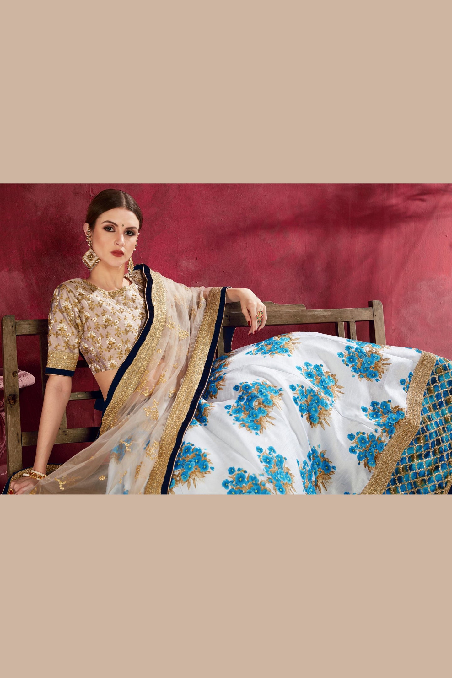 Blue White Banglori Silk Flower Lehenga Choli For Indian & Pakistani Wedding Festival - Sequins & Thread Embroidery Work, Dori Work, Zari Work, Print Work
