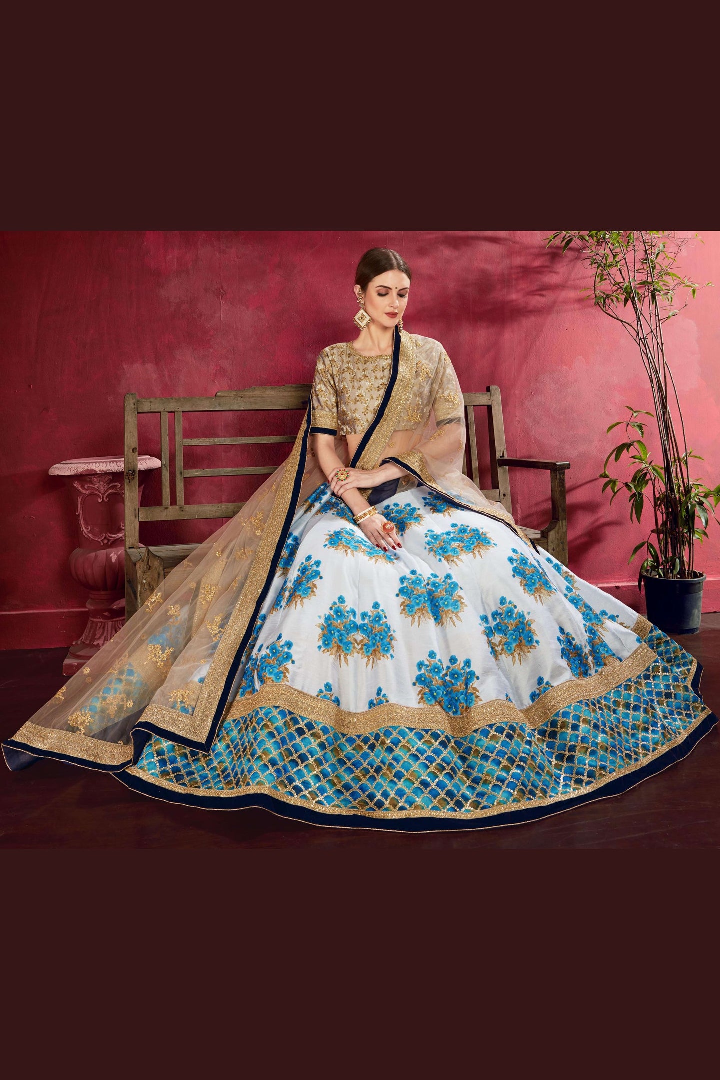 Blue Banglori Silk Flower Lehenga Choli For Indian & Pakistani Wedding Festival - Sequins & Thread Embroidery Work, Dori Work, Zari Work, Print Work
