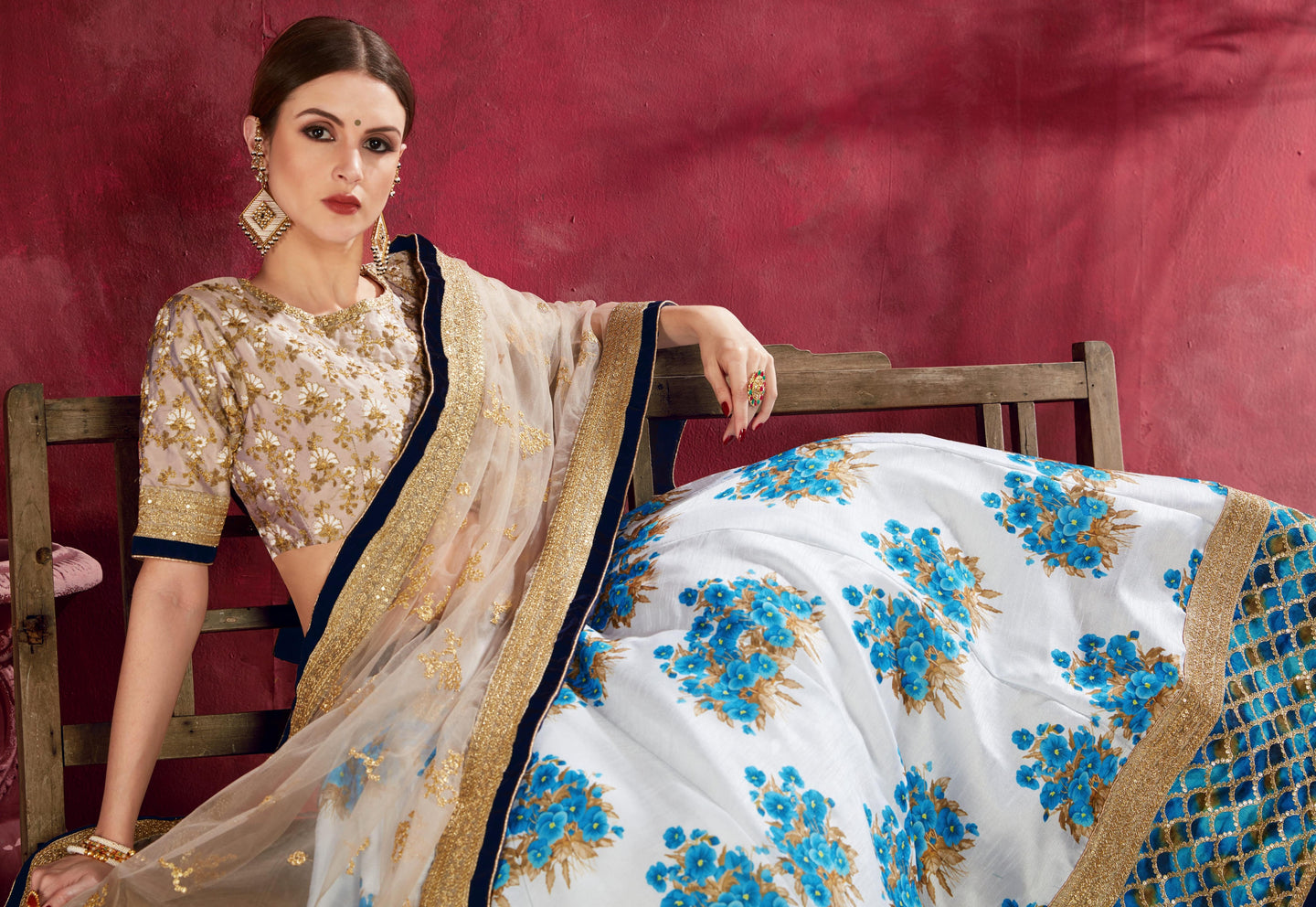 Blue Banglori Silk Flower Lehenga Choli For Indian & Pakistani Wedding Festival - Sequins & Thread Embroidery Work, Dori Work, Zari Work, Print Work
