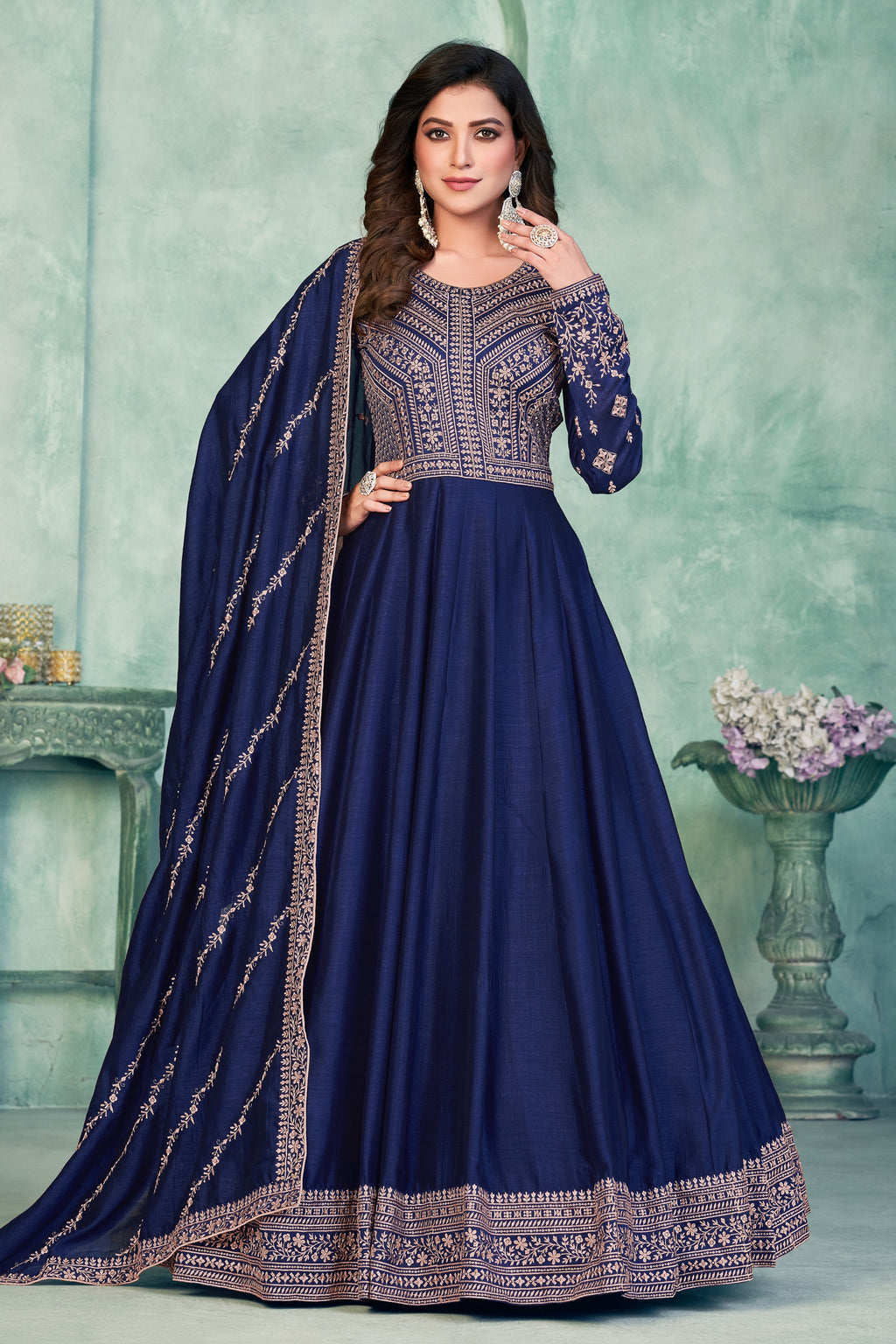 Blue Art Silk Anarkali Suit for Wedding with Sequins and Thread Embroidery Work