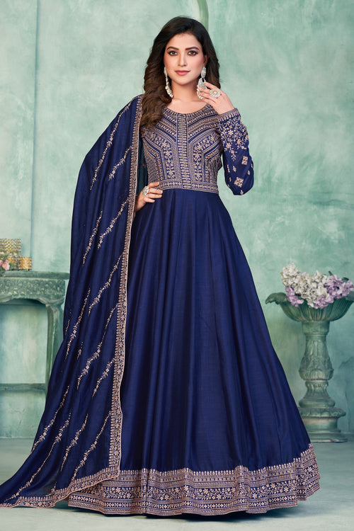 Blue Art Silk Anarkali Suit for Wedding with Sequins and Thread Embroidery Work