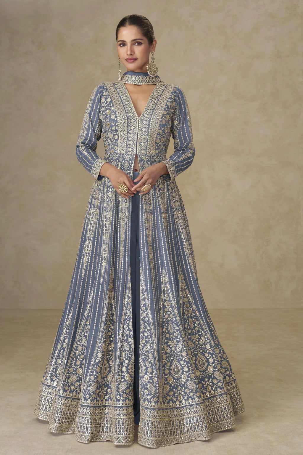 Bluish Grey Chinon Silk Anarkali Suit With Palazzo For Indian & Pakistani Wedding Festival - Sequins & Thread Embroidery Work