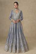 Bluish Grey Chinon Silk Anarkali Suit With Palazzo For Indian & Pakistani Wedding Festival - Sequins & Thread Embroidery Work