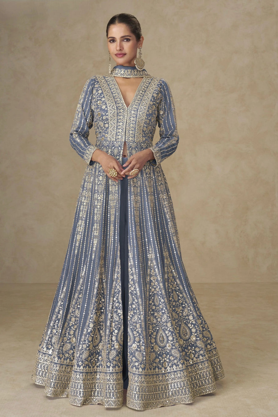 Bluish Grey Chinon Silk Anarkali Suit With Palazzo For Indian & Pakistani Wedding Festival - Sequins & Thread Embroidery Work