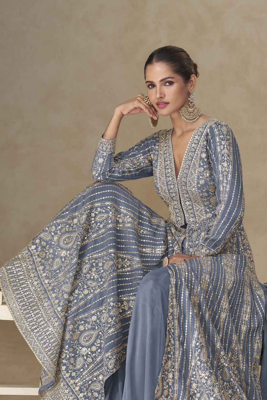 Bluish Grey Chinon Silk Anarkali Suit With Palazzo For Indian & Pakistani Wedding Festival - Sequins & Thread Embroidery Work