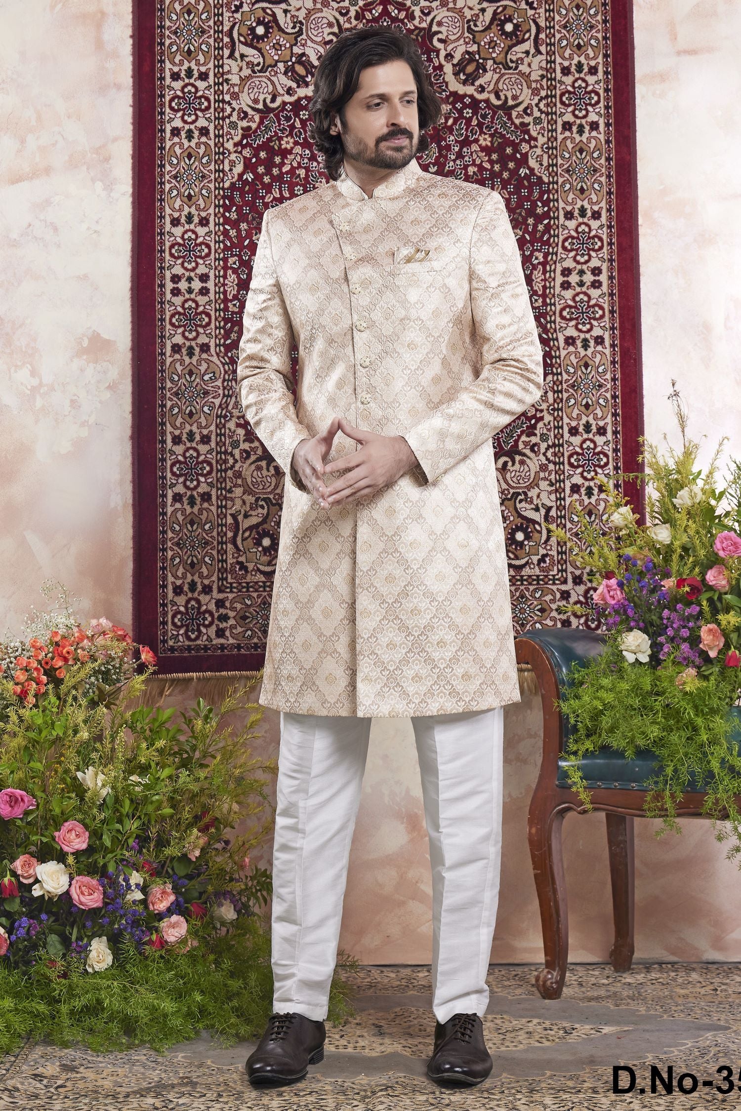 Blush Peach Jacquard Mens Indian Wedding Attire Indo Western