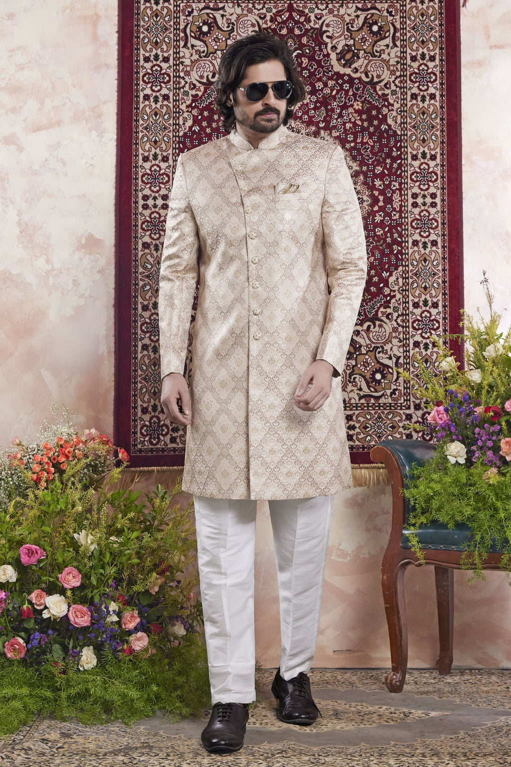 Blush Peach Jacquard Mens Indian Wedding Attire Indo Western