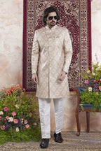 Blush Peach Jacquard Mens Indian Wedding Attire Indo Western