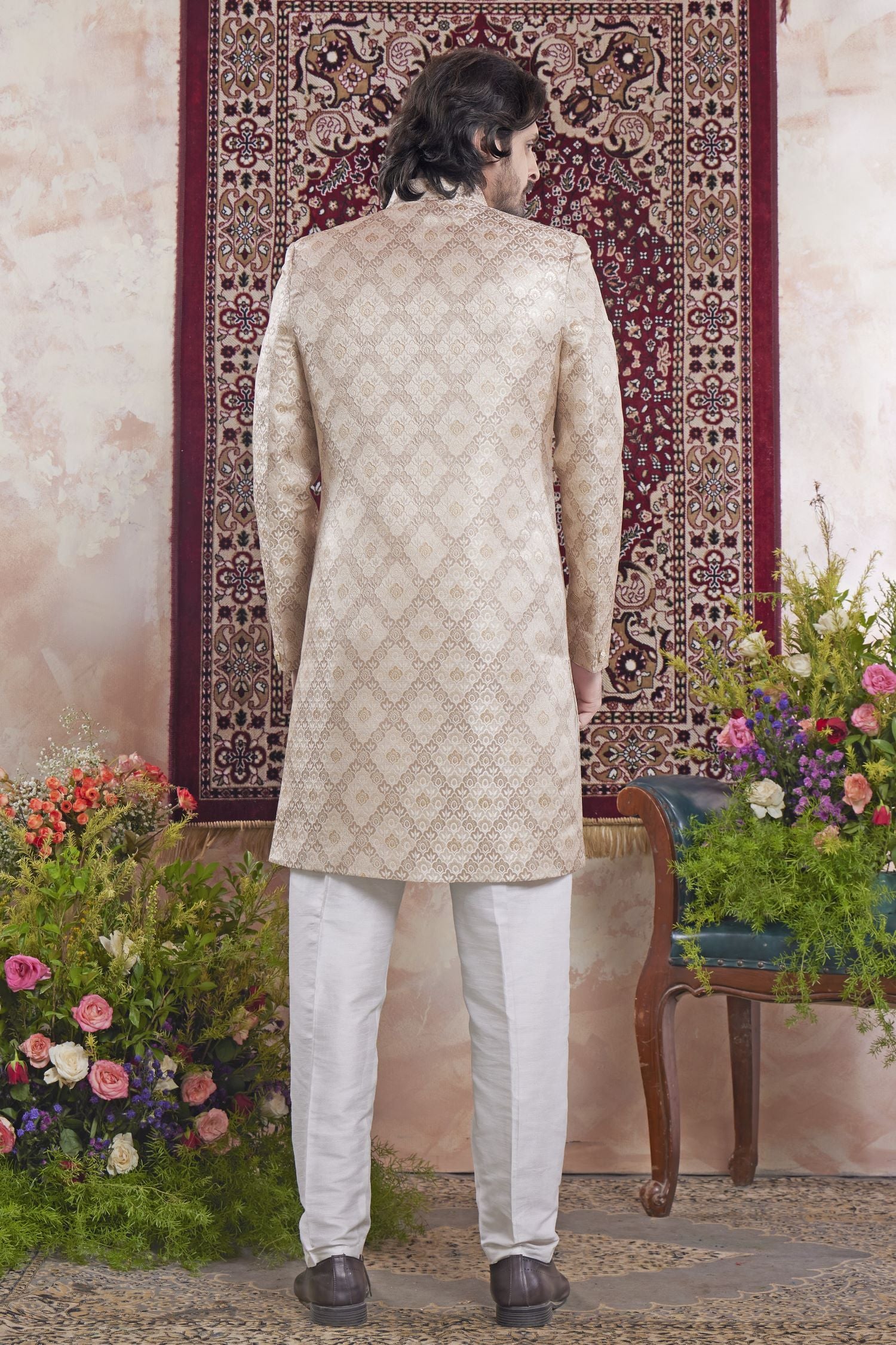 Blush Peach Jacquard Mens Indian Wedding Attire Indo Western
