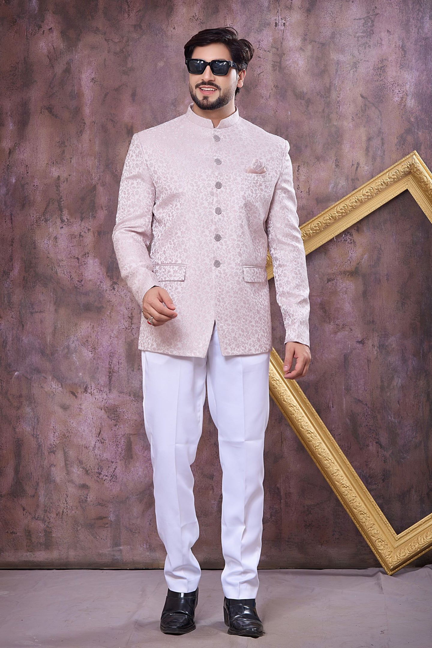 Blush Pink Art Silk Gents Jodhpuri Suit & Pant with Woven Work