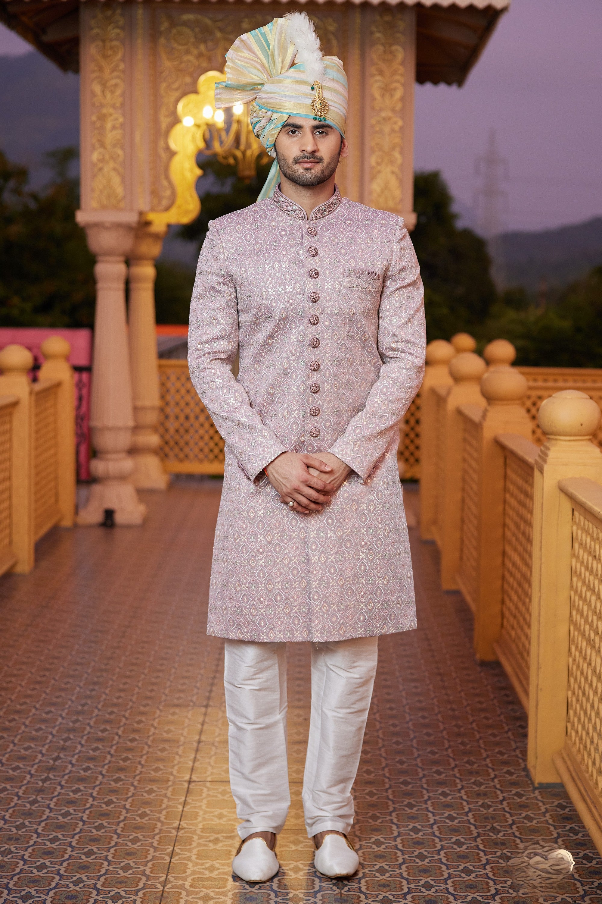 Blush Pink Art Silk Traditional Sherwani Long Kurta & Pant for Men for Wedding - Embroidery Work