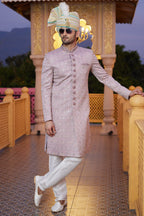 Blush Pink Art Silk Traditional Sherwani Long Kurta & Pant for Men for Wedding - Embroidery Work